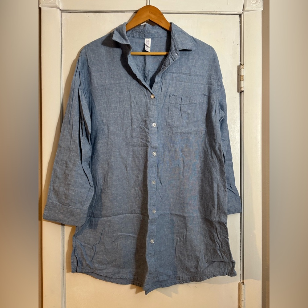 Stars Above Light Blue Chambray Linen Sleep Shirt